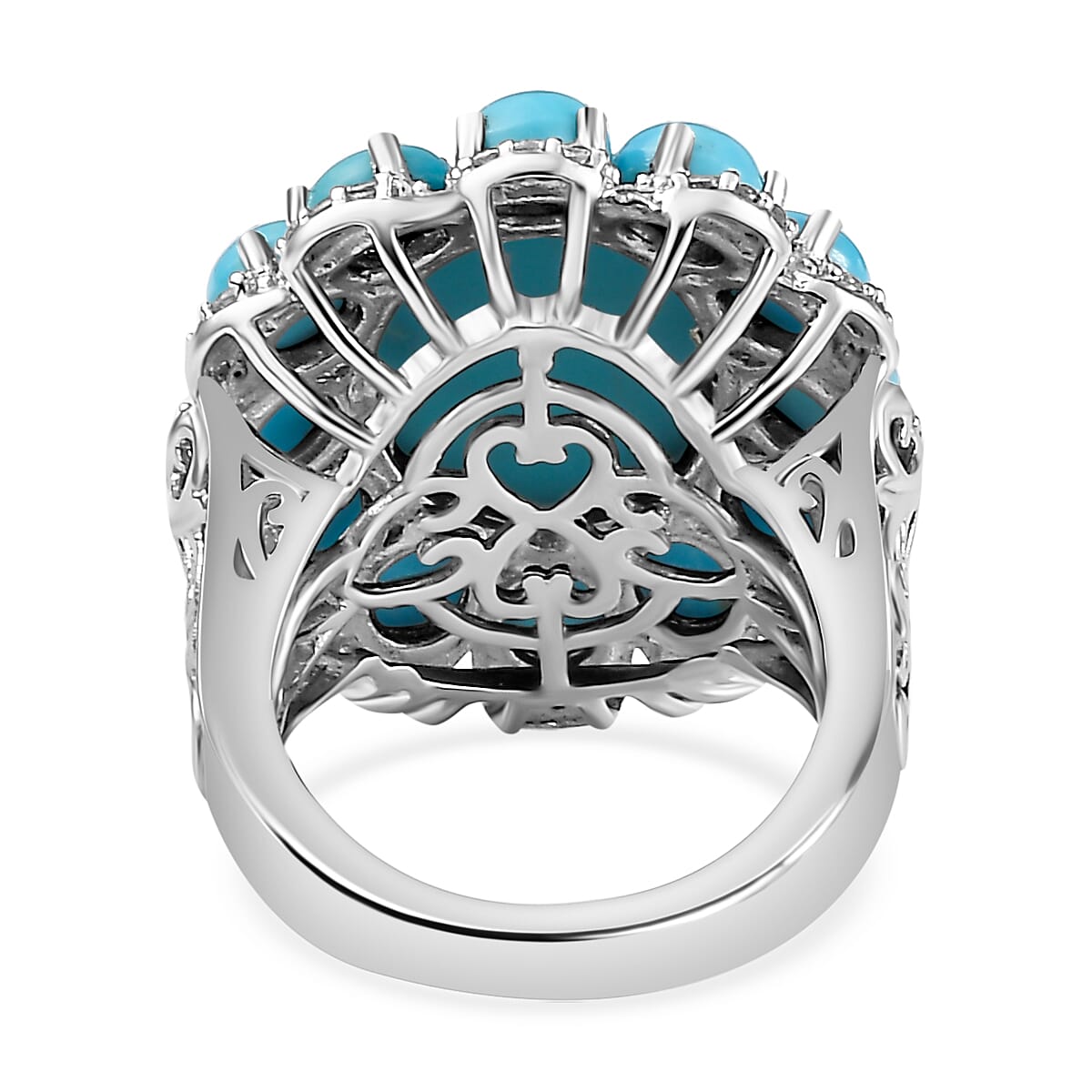 Sleeping Beauty Turquoise and White Zircon Floral Ring in Platinum Over Sterling Silver (Size 9.0) 12.20 ctw image number 4