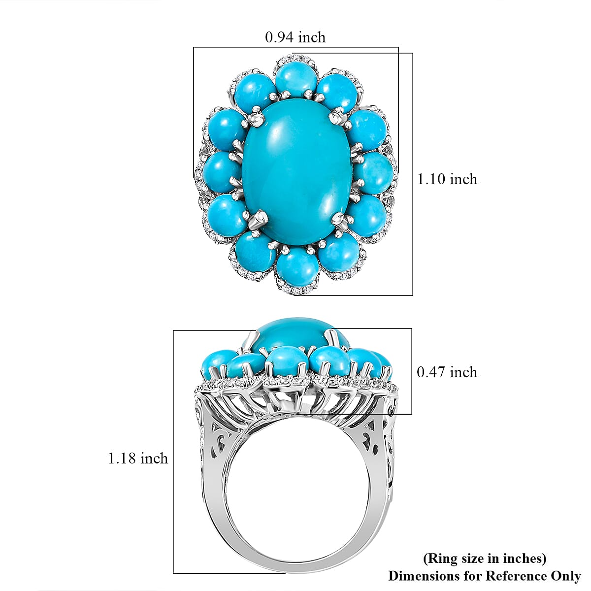 Sleeping Beauty Turquoise and White Zircon Floral Ring in Platinum Over Sterling Silver (Size 9.0) 12.20 ctw image number 5