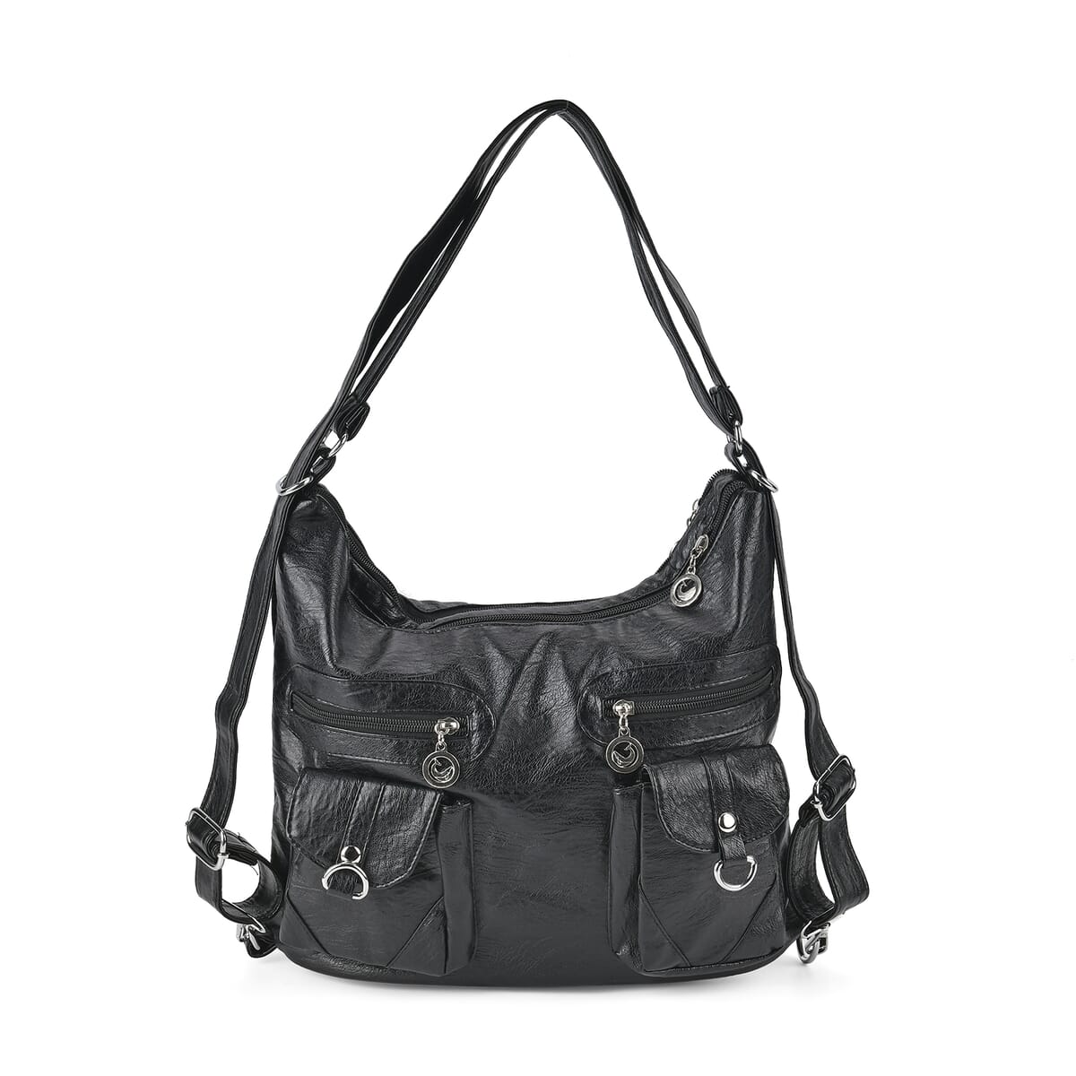 Black Faux Leather 2 In 1 Crossbody Bag / Backpack with Shoulder Strap image number 0