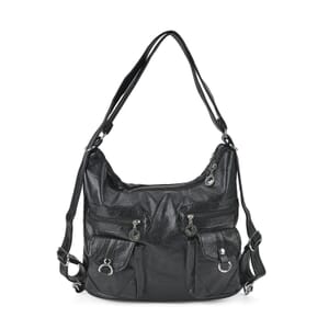 Black Faux Leather 2 In 1 Crossbody Bag / Backpack with Shoulder Strap