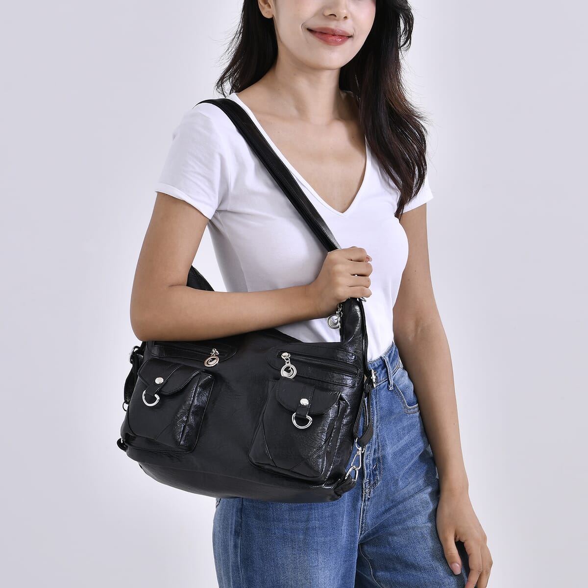 Black Faux Leather 2 In 1 Crossbody Bag / Backpack with Shoulder Strap image number 1