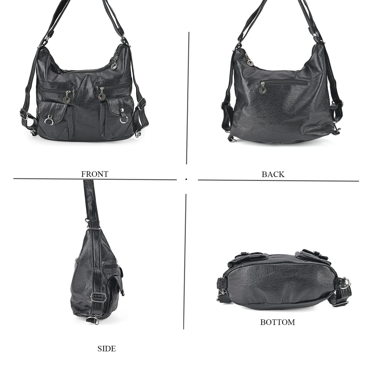 Black Faux Leather 2 In 1 Crossbody Bag / Backpack with Shoulder Strap image number 3