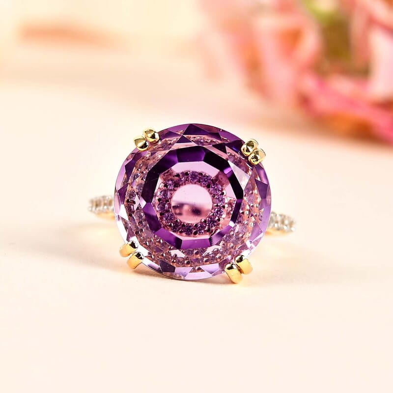 Rose De France Amethyst and White Zircon 12.54 ctw Ring in 14K YG Over Sterling Silver (Size 11.5)