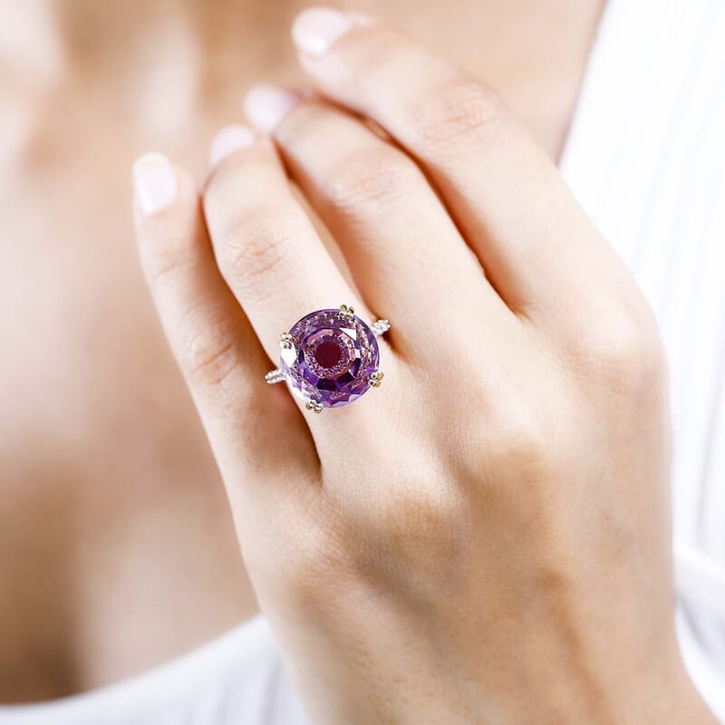 Rose De France Amethyst and White Zircon 12.54 ctw Ring in 14K YG Over Sterling Silver (Size 11.5)