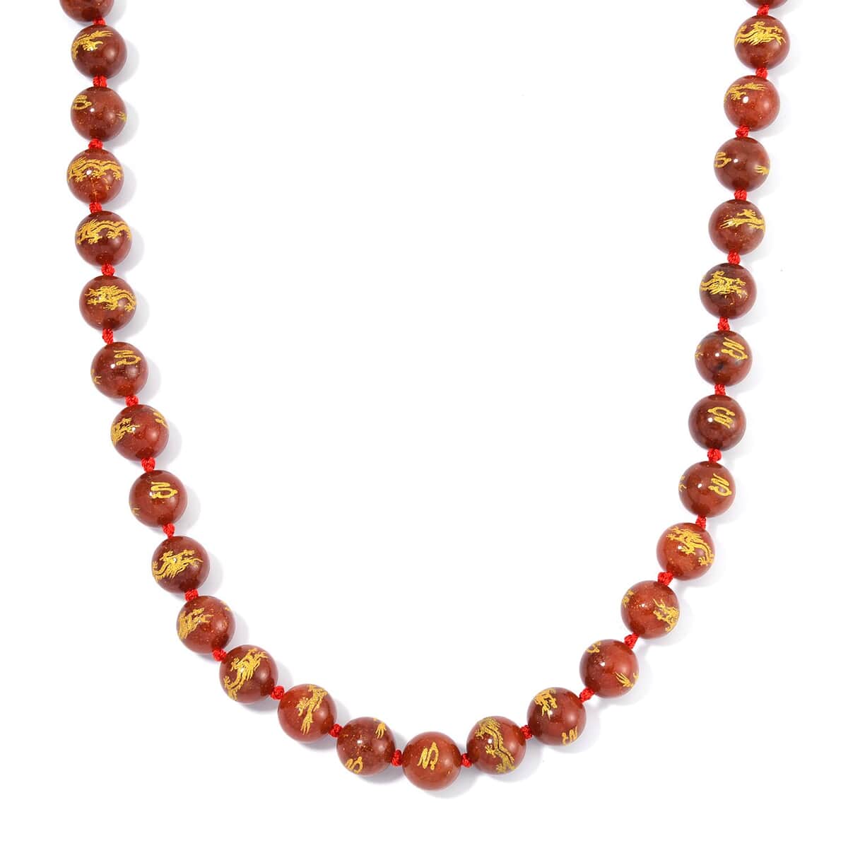 Red Jade (D) Dragon Engraved Beaded Necklace 20 Inches with Magnetic Lock in Rhodium Over Sterling Silver 670.00 ctw image number 0