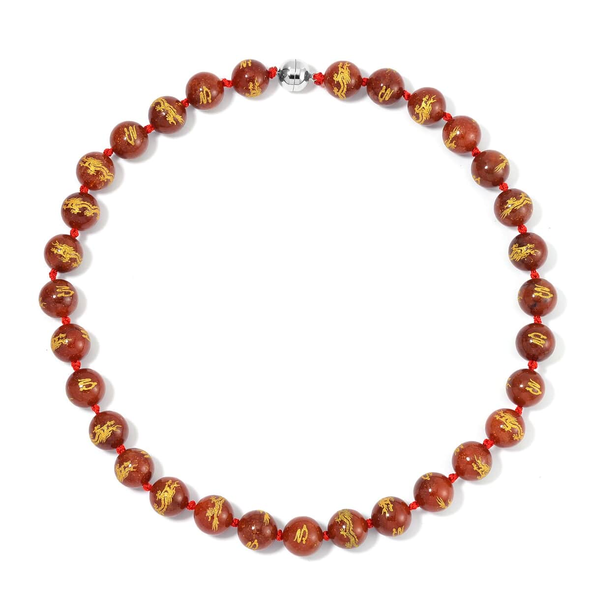 Red Jade (D) Dragon Engraved Beaded Necklace 20 Inches with Magnetic Lock in Rhodium Over Sterling Silver 670.00 ctw image number 2