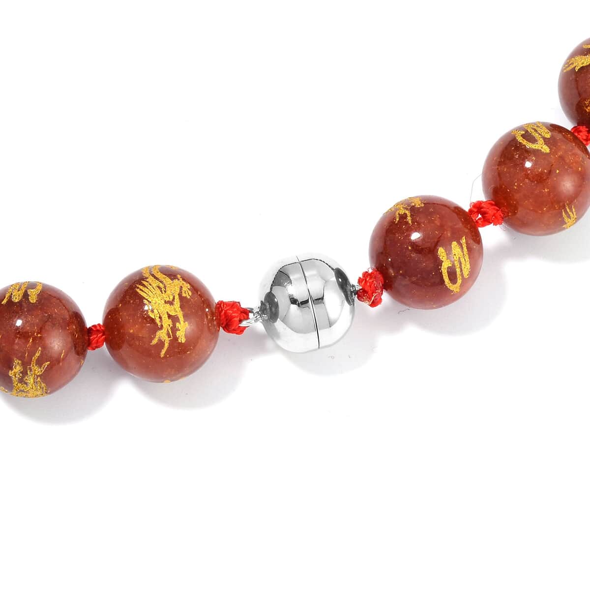 Red Jade (D) Dragon Engraved Beaded Necklace 20 Inches with Magnetic Lock in Rhodium Over Sterling Silver 670.00 ctw image number 3