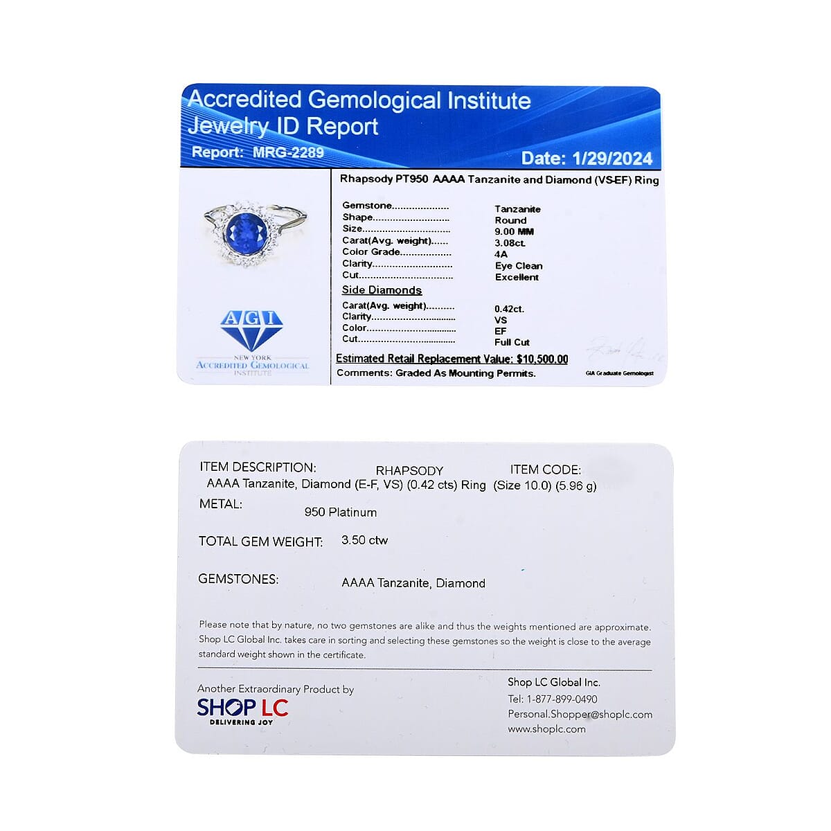 Certified & Appraised Rhapsody AAAA Tanzanite and E-F VS Diamond 3.50 ctw Ring in 950 Platinum (Size 8.5) 6 Grams image number 5