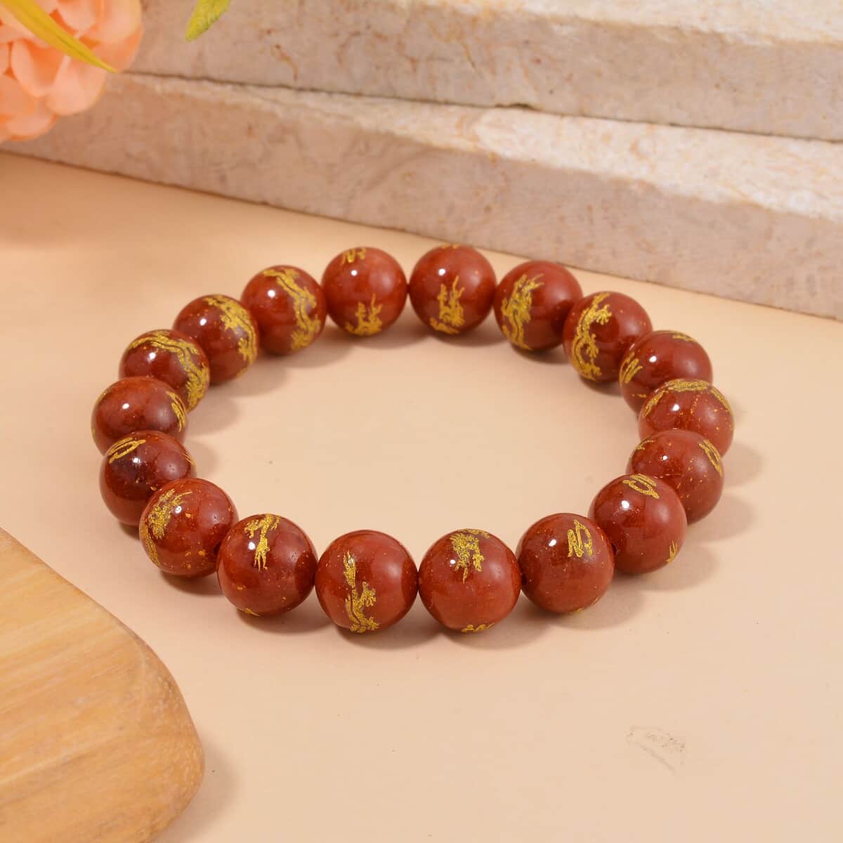 Red Jade (D) Dragon Engraved Beaded Stretch Bracelet 170.00 ctw image number 1