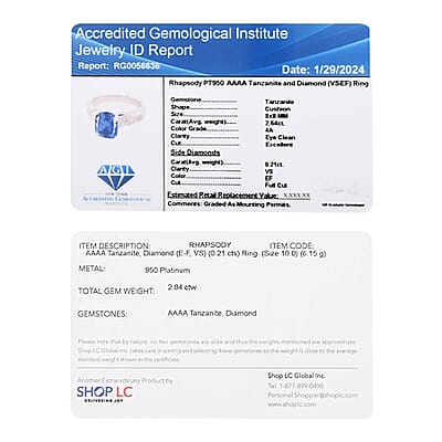 Certified & Appraised Rhapsody 950 Platinum AAAA Tanzanite and E-F VS Diamond Ring (Size 10.0) 8.15 Grams 2.85 ctw