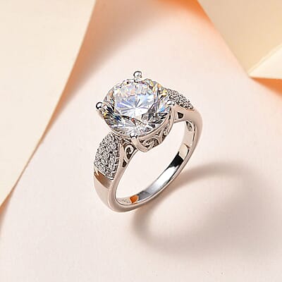 Strontium Titanate and Moissanite Ring in Platinum Over Sterling Silver (Size 10.0) 6.10 ctw