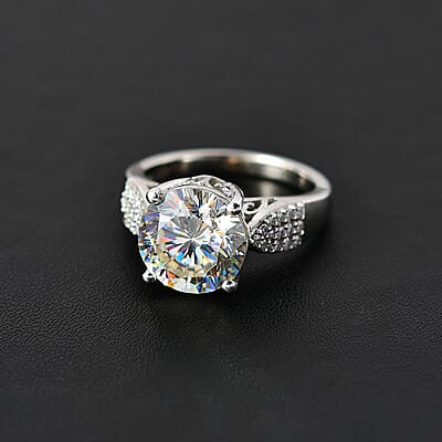 Strontium Titanate and Moissanite Ring in Platinum Over Sterling Silver (Size 10.0) 6.10 ctw