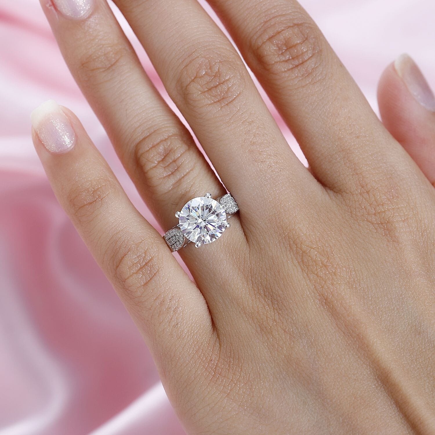 Strontium Titanate and Moissanite Ring in Platinum Over Sterling Silver (Size 10.0) 6.10 ctw