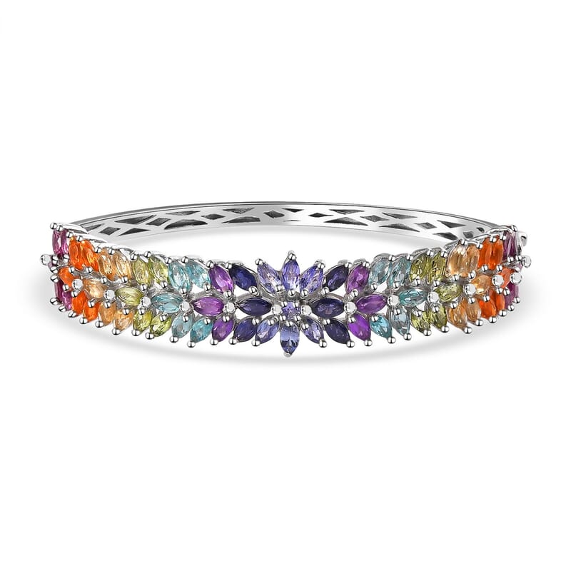 D'Joy Multi Gemstone Floral Spray Bangle Bracelet in Platinum Over Sterling Silver (6.50 In) 11.15 ctw