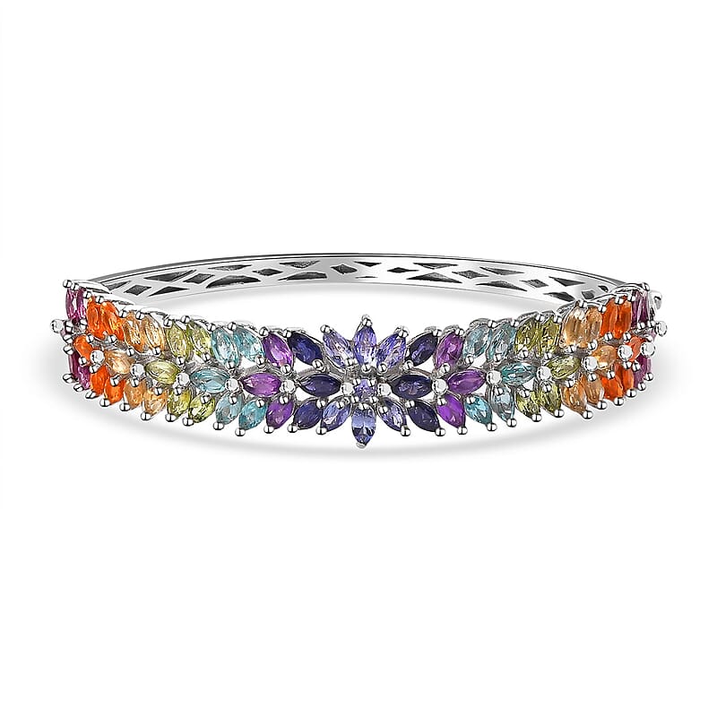 D'Joy Multi Gemstone Floral Spray Bangle Bracelet in Platinum Over Sterling Silver (6.50 In) 11.15 ctw
