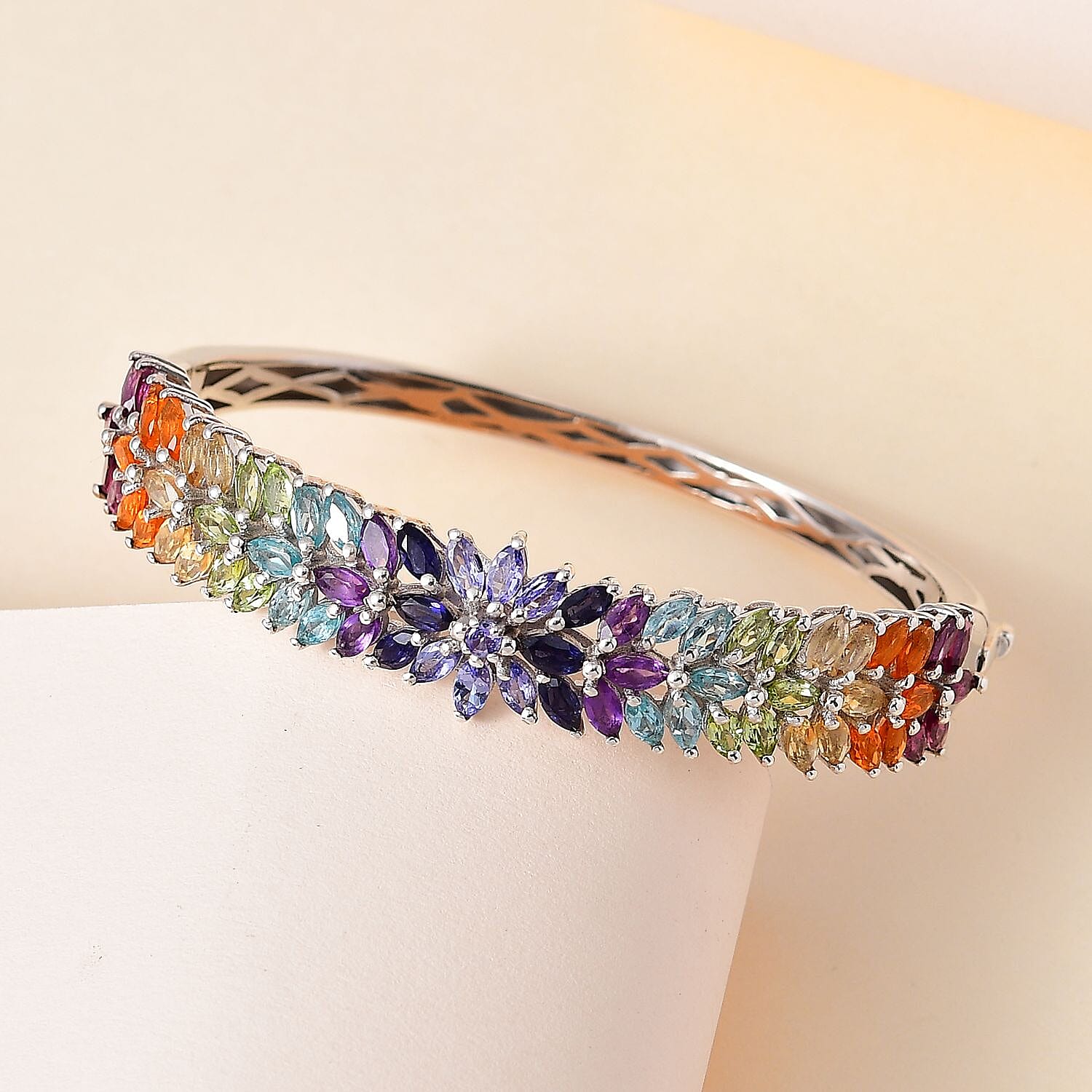 D'Joy Multi Gemstone Floral Spray Bangle Bracelet in Platinum Over Sterling Silver (6.50 In) 11.15 ctw