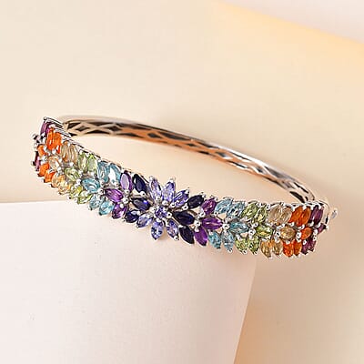 D'Joy Multi Gemstone Floral Spray Bangle Bracelet in Platinum Over Sterling Silver (6.50 In) 11.15 ctw