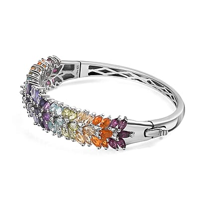 D'Joy Multi Gemstone Floral Spray Bangle Bracelet in Platinum Over Sterling Silver (6.50 In) 11.15 ctw