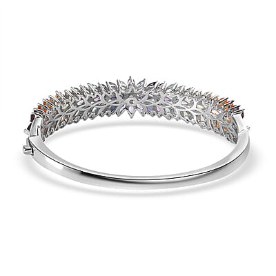 D'Joy Multi Gemstone Floral Spray Bangle Bracelet in Platinum Over Sterling Silver (6.50 In) 11.15 ctw