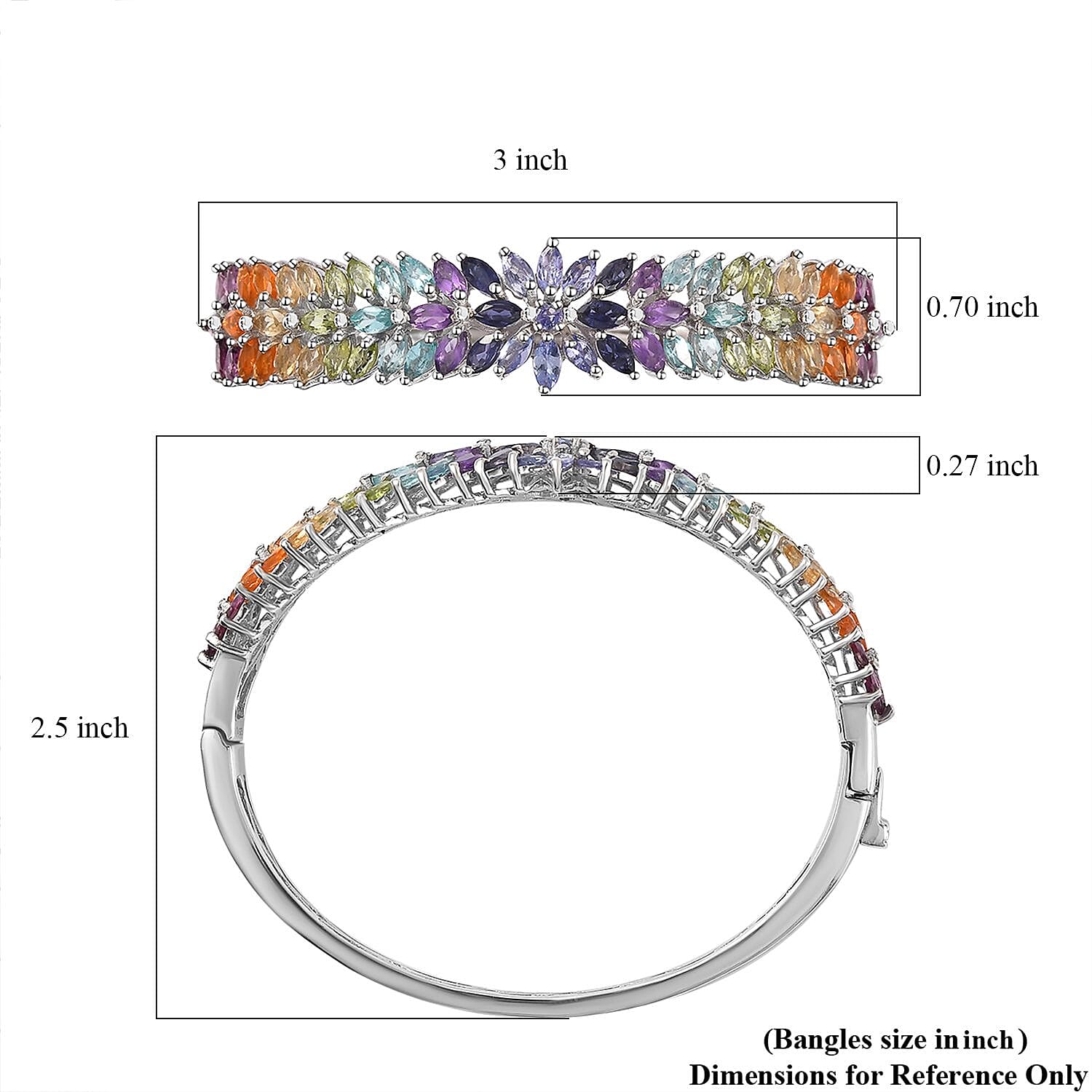 D'Joy Multi Gemstone Floral Spray Bangle Bracelet in Platinum Over Sterling Silver (6.50 In) 11.15 ctw