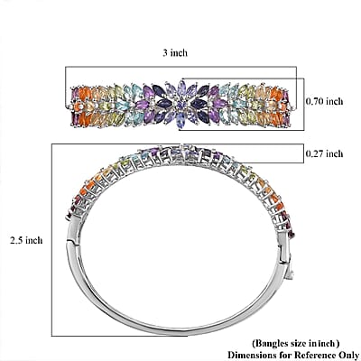 D'Joy Multi Gemstone Floral Spray Bangle Bracelet in Platinum Over Sterling Silver (6.50 In) 11.15 ctw