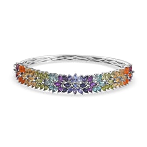 Multi Gemstone Floral Spray Bangle Bracelet in Platinum Over Sterling Silver (7.25 In) 11.15 ctw