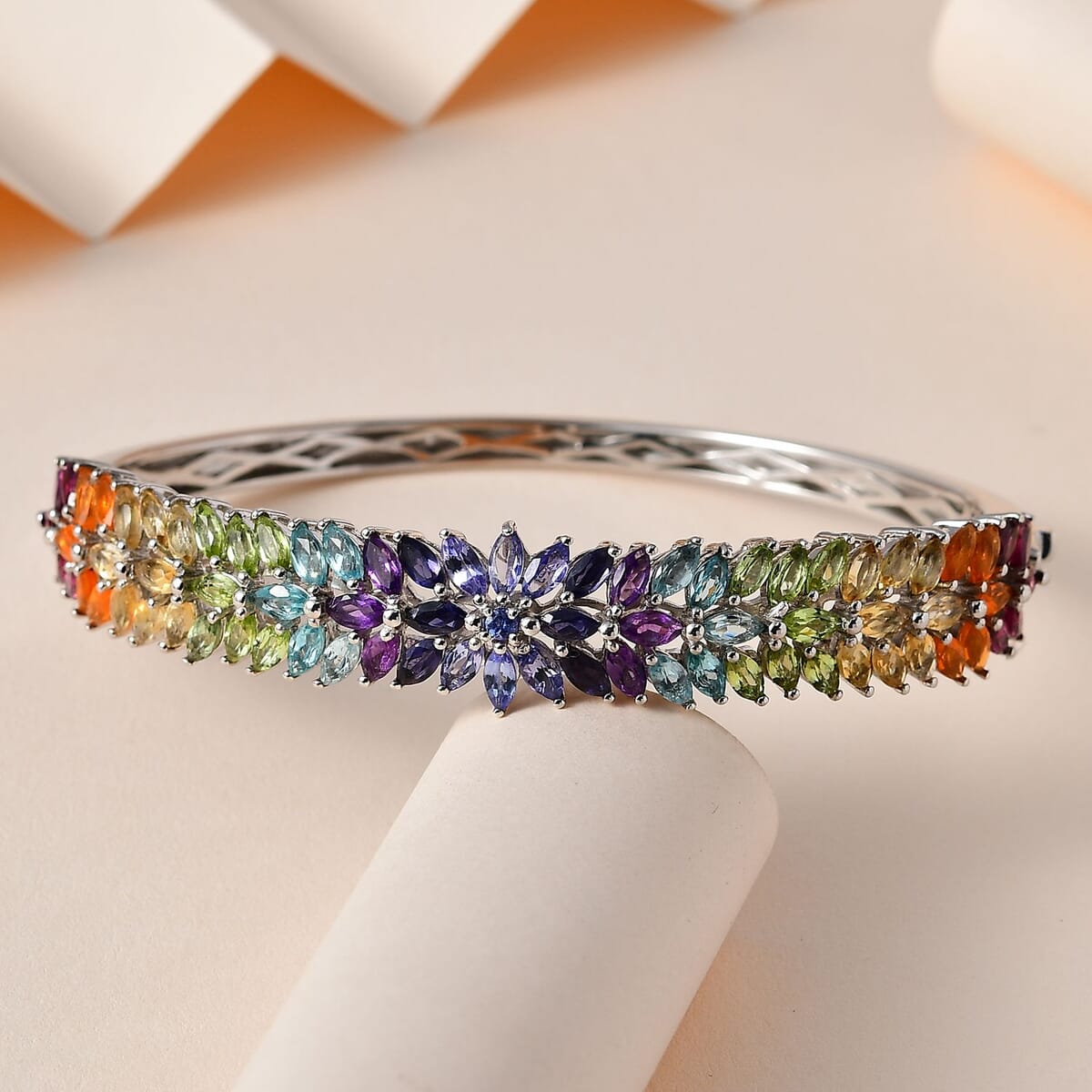 Multi Gemstone Floral Spray Bangle Bracelet in Platinum Over Sterling Silver (7.25 In) 11.15 ctw image number 1