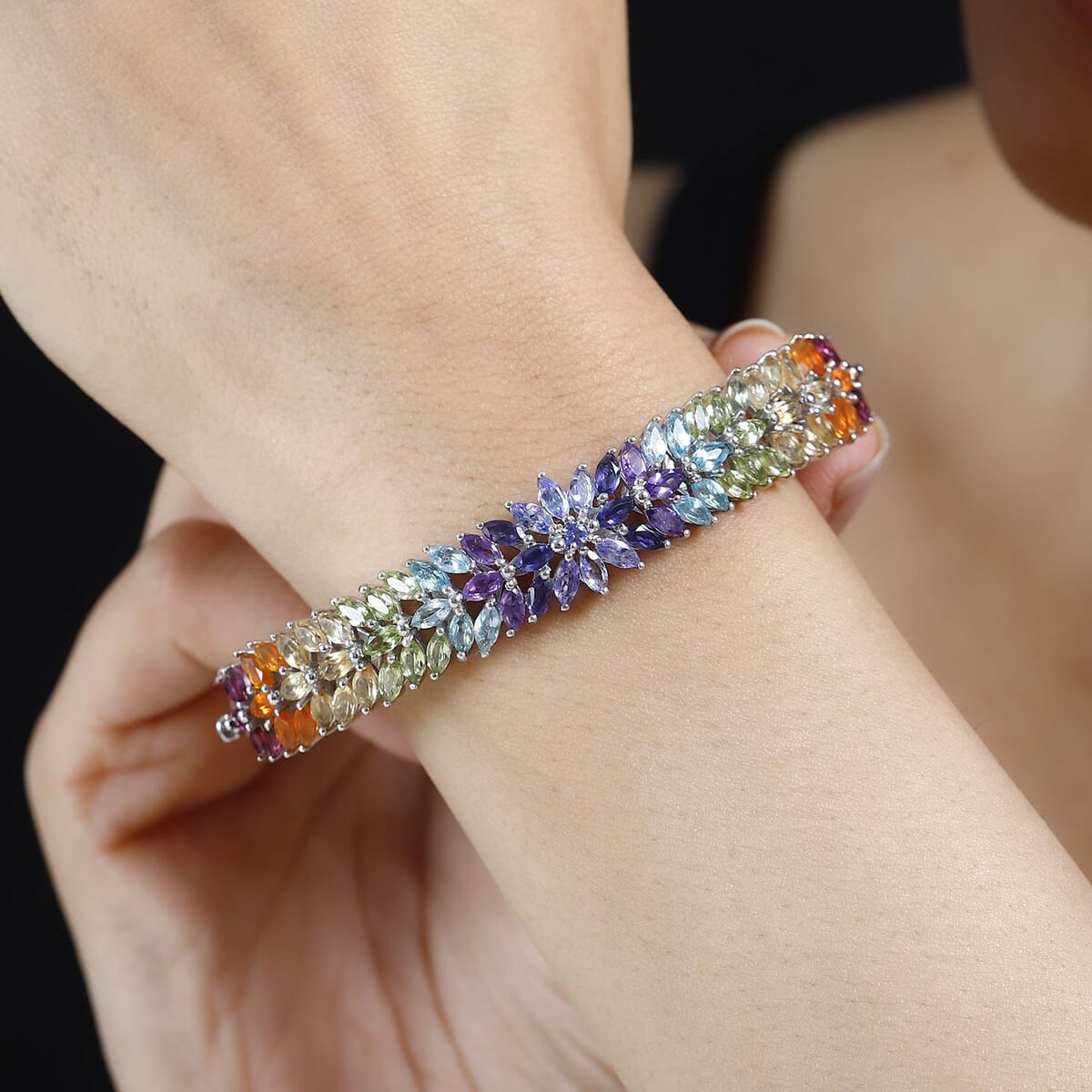 Multi Gemstone Floral Spray Bangle Bracelet in Platinum Over Sterling Silver (7.25 In) 11.15 ctw image number 2