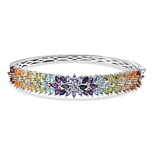 D'Joy Multi Gemstone Floral Spray Bangle Bracelet in Platinum Over Sterling Silver (8.00 In) 11.15 ctw