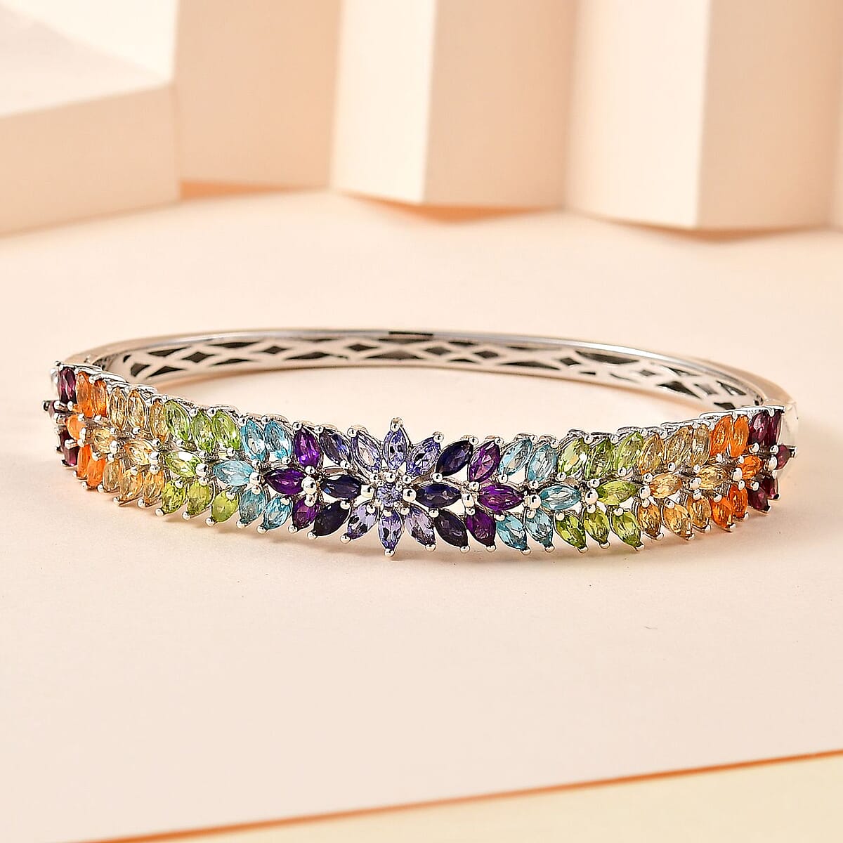 D'Joy Multi Gemstone Floral Spray Bangle Bracelet in Platinum Over Sterling Silver (8.00 In) 11.15 ctw image number 1