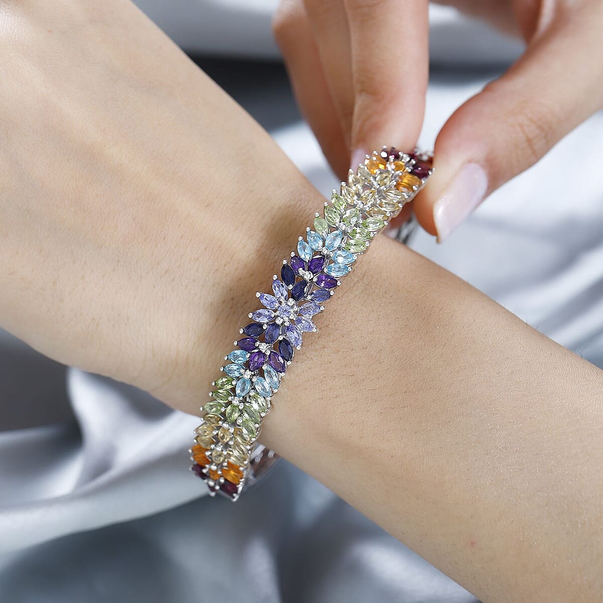 D'Joy Multi Gemstone Floral Spray Bangle Bracelet in Platinum Over Sterling Silver (8.00 In) 11.15 ctw image number 2