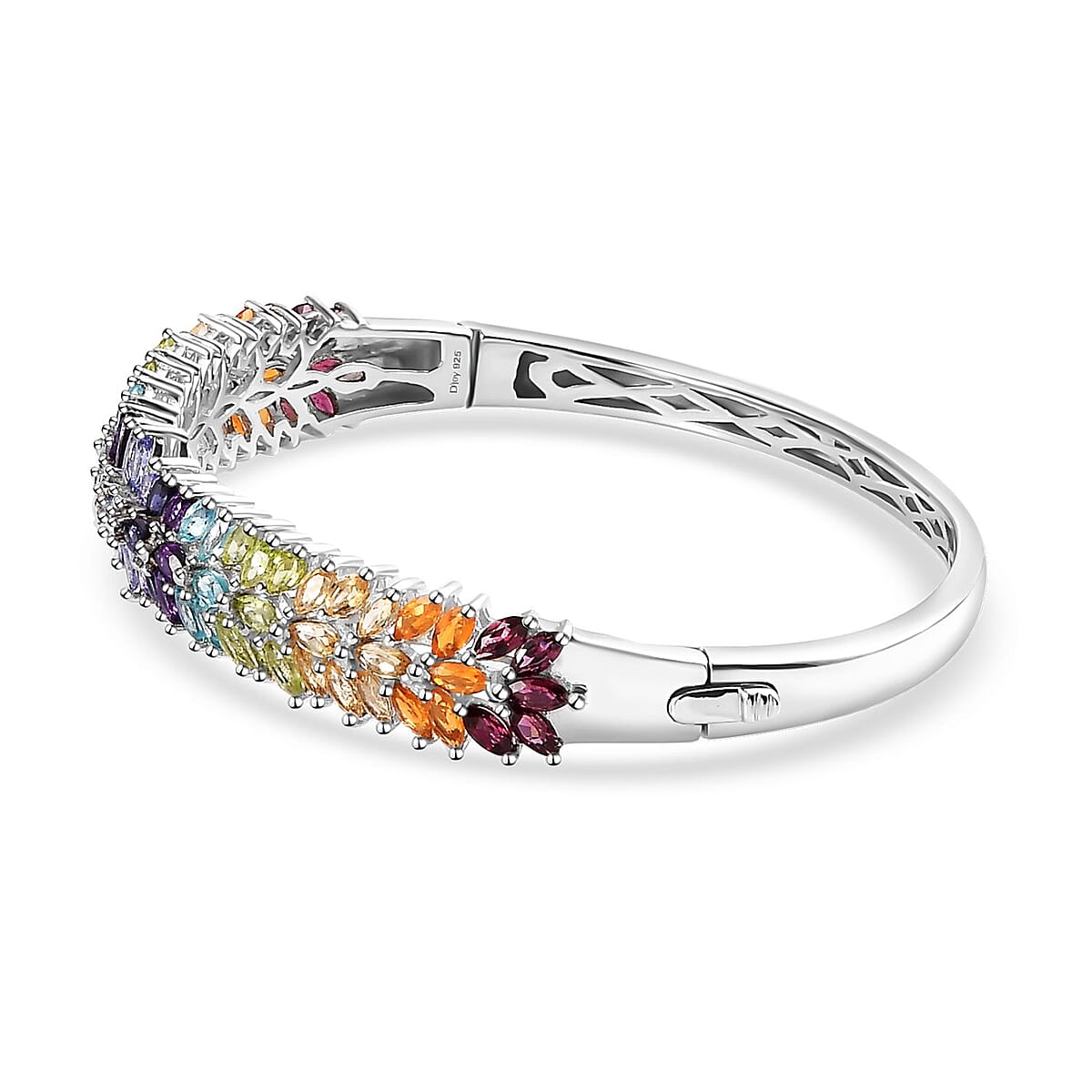 D'Joy Multi Gemstone Floral Spray Bangle Bracelet in Platinum Over Sterling Silver (8.00 In) 11.15 ctw image number 3
