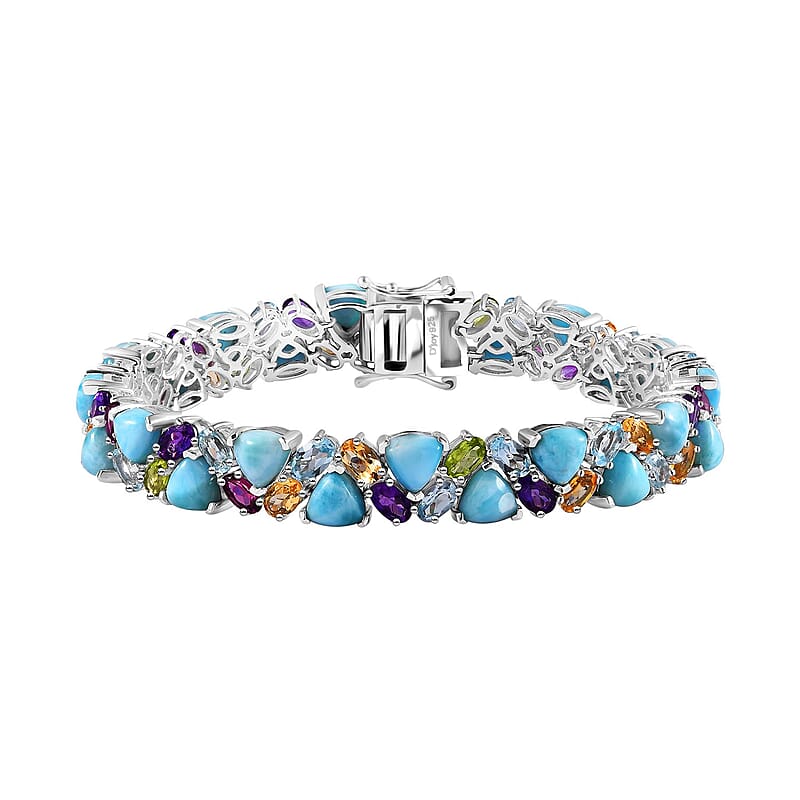 D'Joy Larimar and Multi Gemstone 35.50 ctw Bracelet in Platinum Over Sterling Silver (7.25 In)