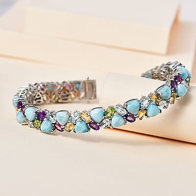 D'Joy Larimar and Multi Gemstone 35.50 ctw Bracelet in Platinum Over Sterling Silver (7.25 In)