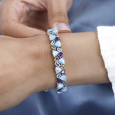 D'Joy Larimar and Multi Gemstone 35.50 ctw Bracelet in Platinum Over Sterling Silver (7.25 In)