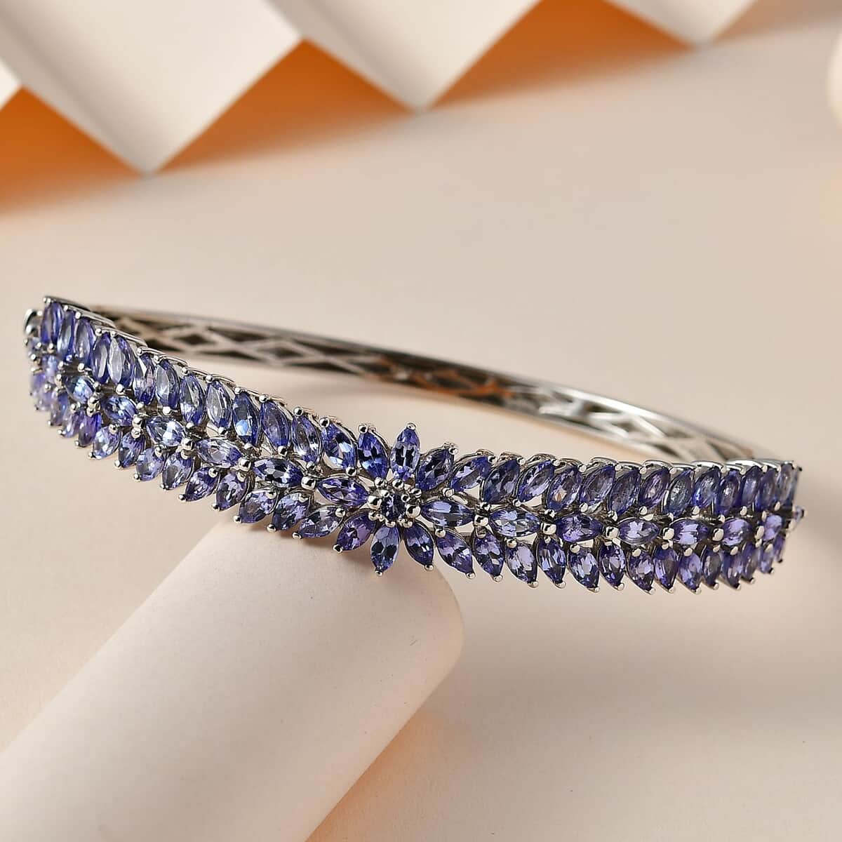 Tanzanite Floral Spray Bangle Bracelet in Platinum Over Sterling Silver (7.25 In) 9.40 ctw image number 1