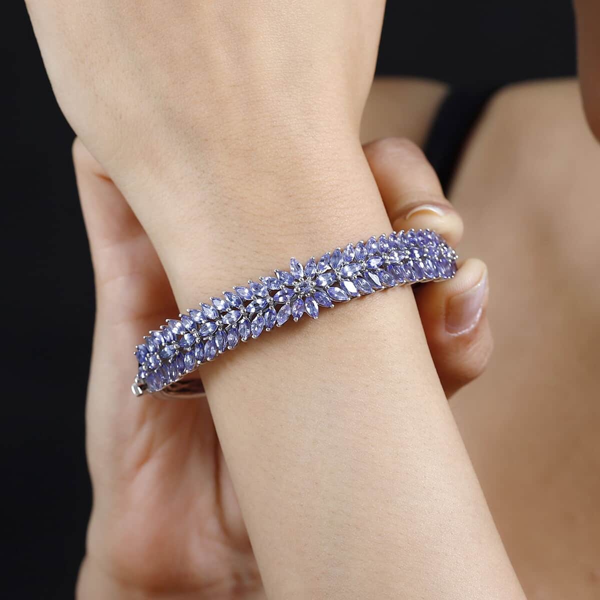 Tanzanite Floral Spray Bangle Bracelet in Platinum Over Sterling Silver (7.25 In) 9.40 ctw image number 2