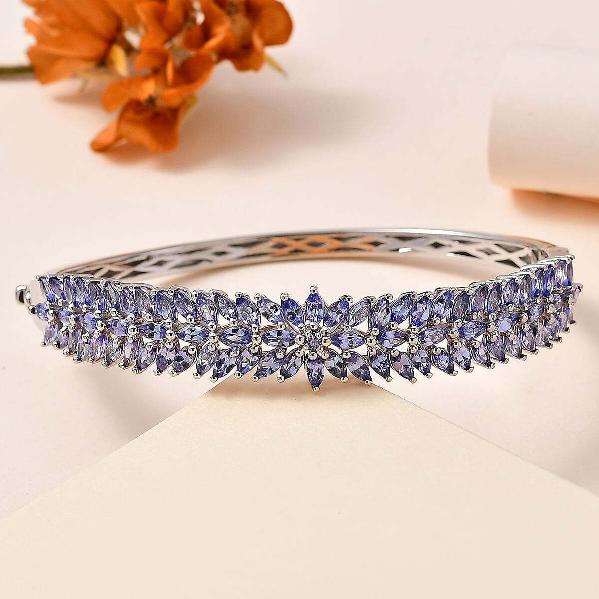 D'Joy Tanzanite Floral Spray Bangle Bracelet in Platinum Over Sterling Silver (8.00 In) 9.40 ctw image number 1