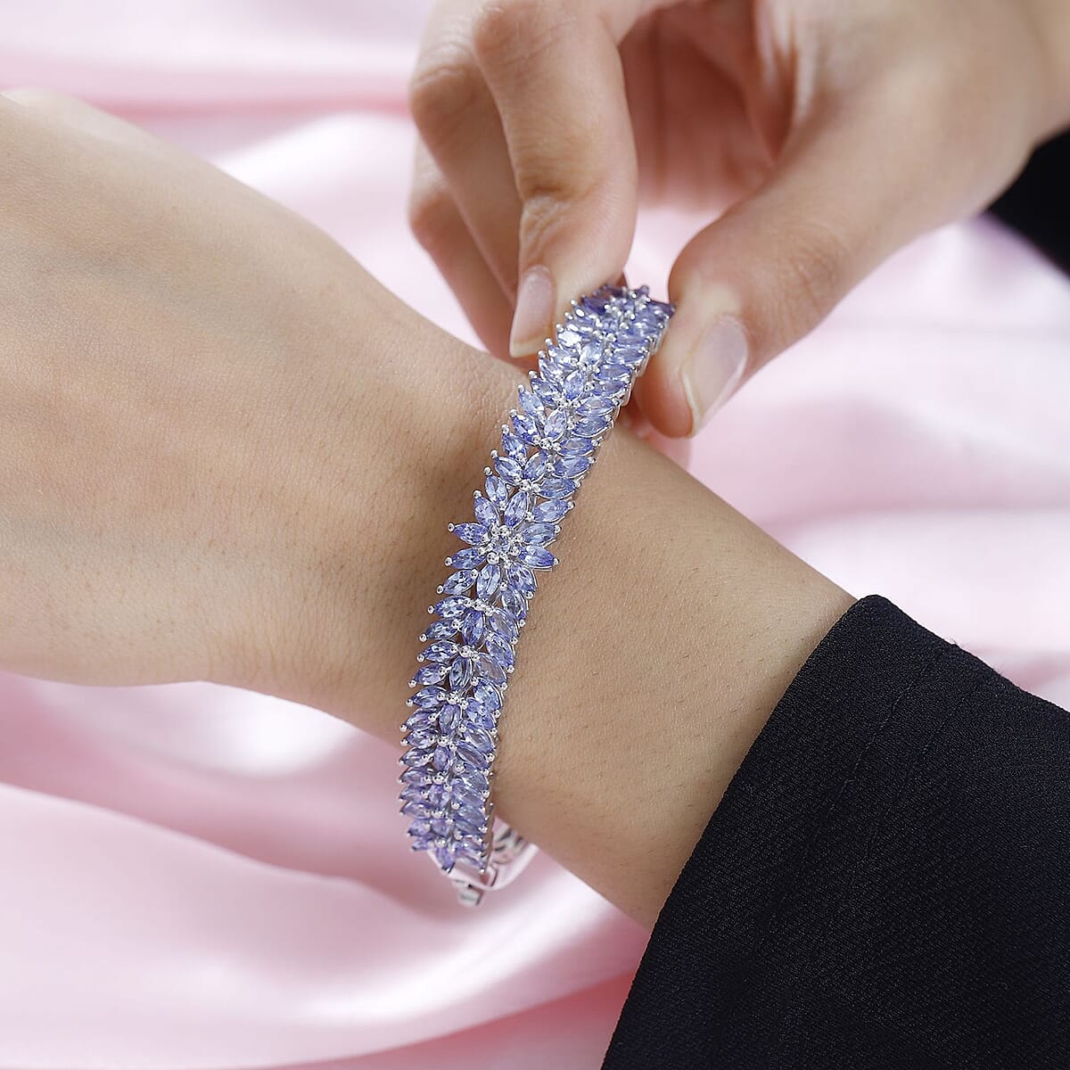 D'Joy Tanzanite Floral Spray Bangle Bracelet in Platinum Over Sterling Silver (8.00 In) 9.40 ctw image number 2