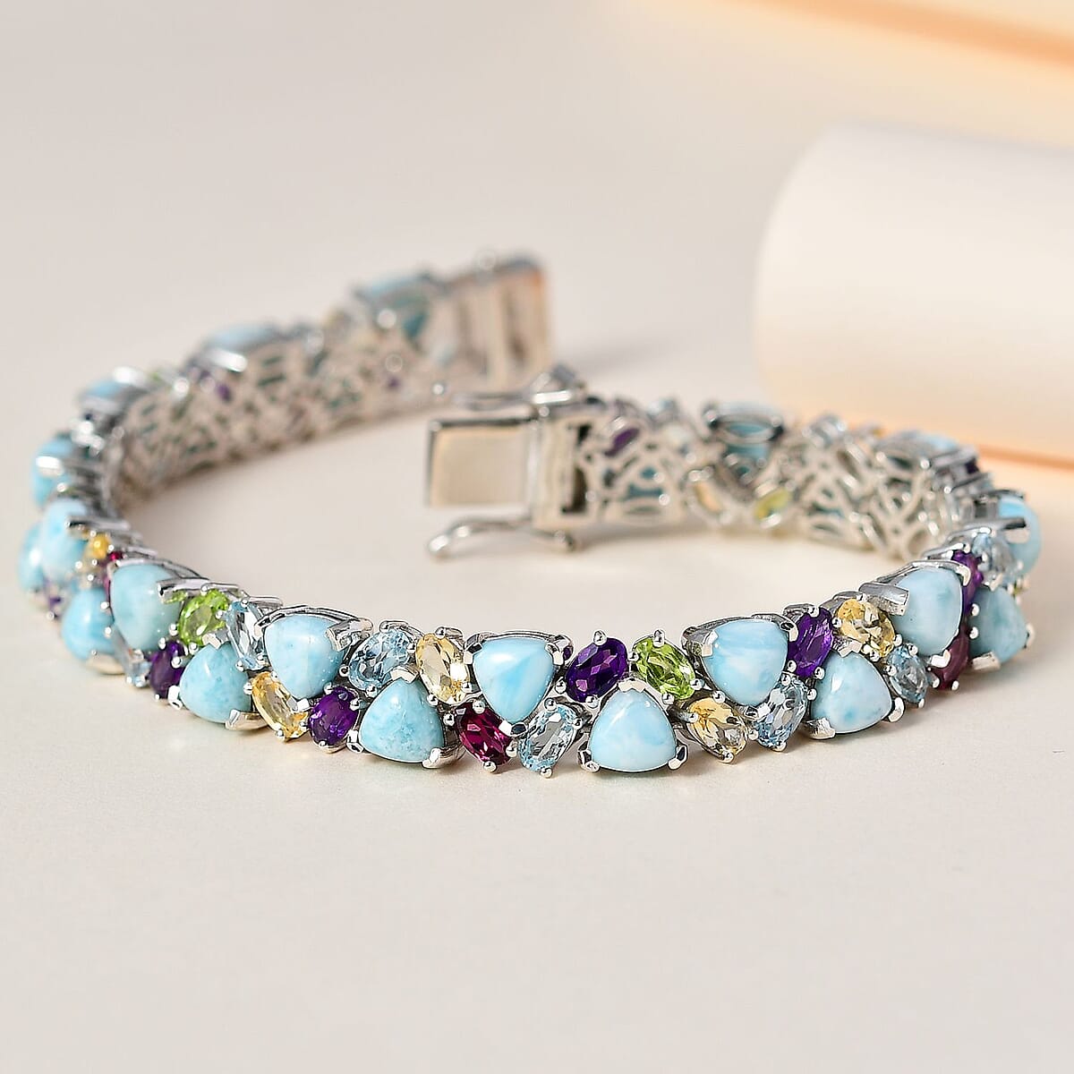 Larimar and Multi Gemstone 31.00 ctw Bracelet in Platinum Over Sterling Silver (6.50 In) image number 1