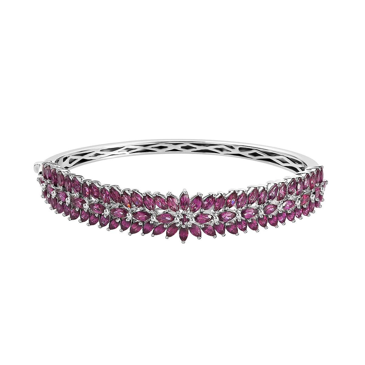 Orissa Rhodolite Garnet Floral Spray Bangle Bracelet in Platinum Over Sterling Silver (7.25 In) 14.10 ctw image number 0