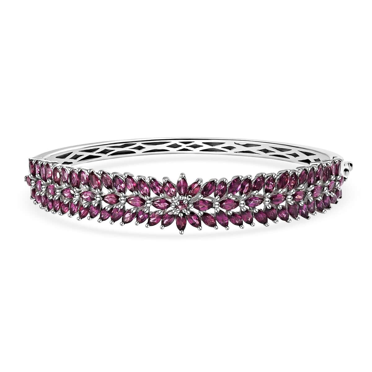 Orissa Rhodolite Garnet Floral Spray Bangle Bracelet in Platinum Over Sterling Silver (8.00 In) 14.10 ctw image number 0