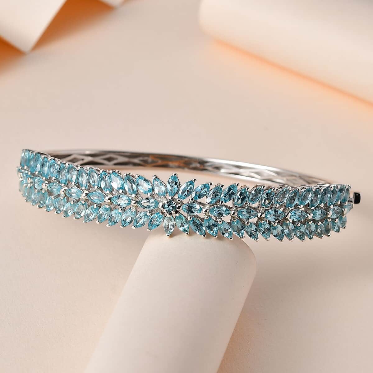 Betroka Blue Apatite Floral Spray Bangle Bracelet in Platinum Over Sterling Silver (7.25 In) 12.35 ctw image number 1