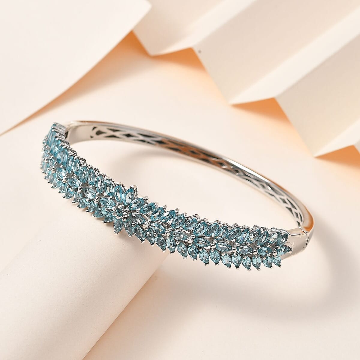 Betroka Blue Apatite Floral Spray Bangle Bracelet in Platinum Over Sterling Silver (8.00 In) 12.35 ctw image number 1