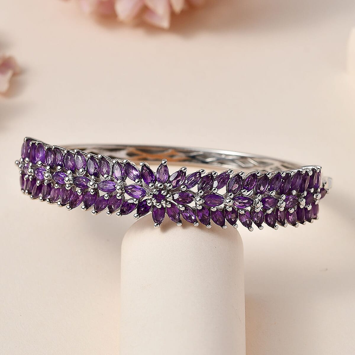 Lusaka Amethyst Floral Spray Bangle Bracelet in Platinum Over Sterling Silver (6.50 In) 11.00 ctw image number 1