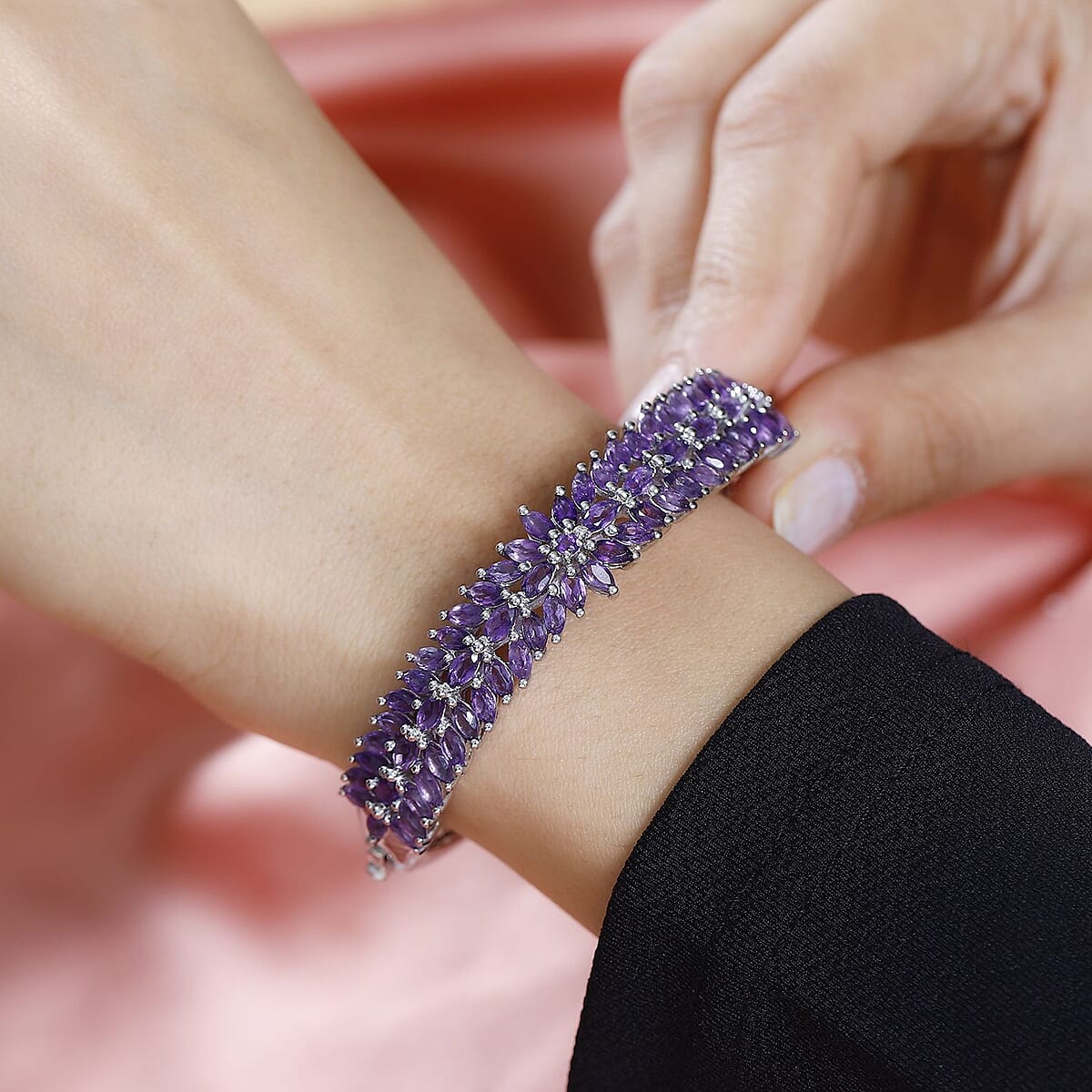 Lusaka Amethyst Floral Spray Bangle Bracelet in Platinum Over Sterling Silver (6.50 In) 11.00 ctw image number 2