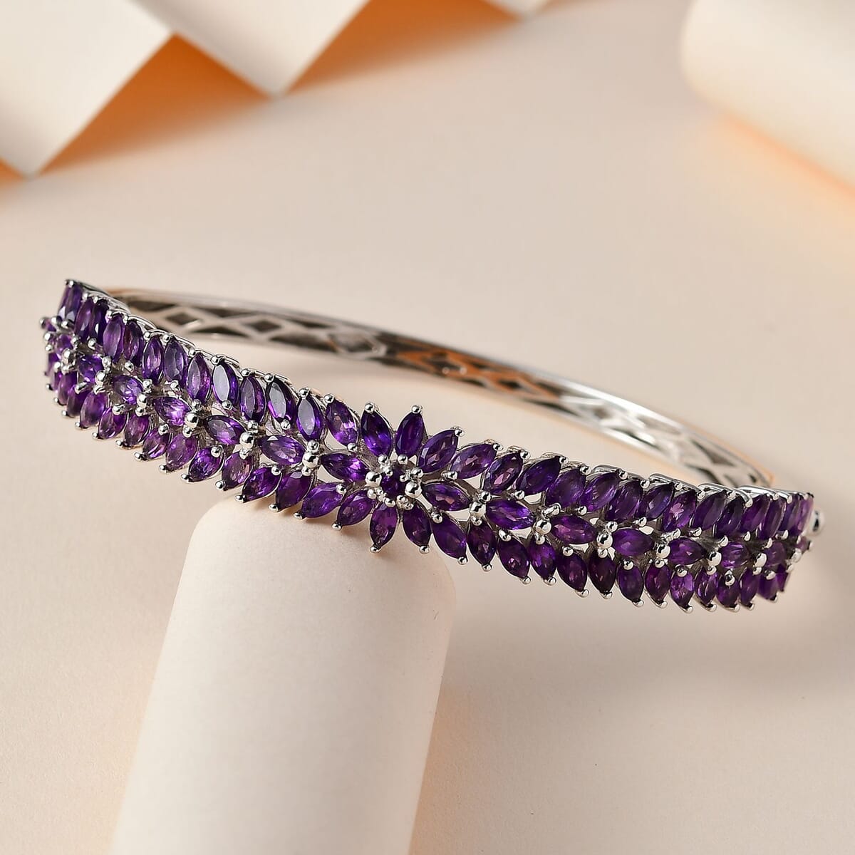 Lusaka Amethyst Floral Spray Bangle Bracelet in Platinum Over Sterling Silver (7.25 In) 11.00 ctw image number 1