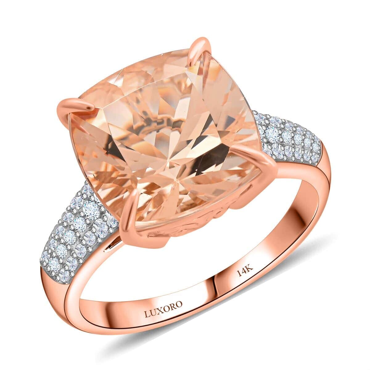 Luxoro 14K Rose Gold AAA Marropino Morganite and G-H I2 Diamond Ring (Size 12.0) 6.80 ctw image number 0