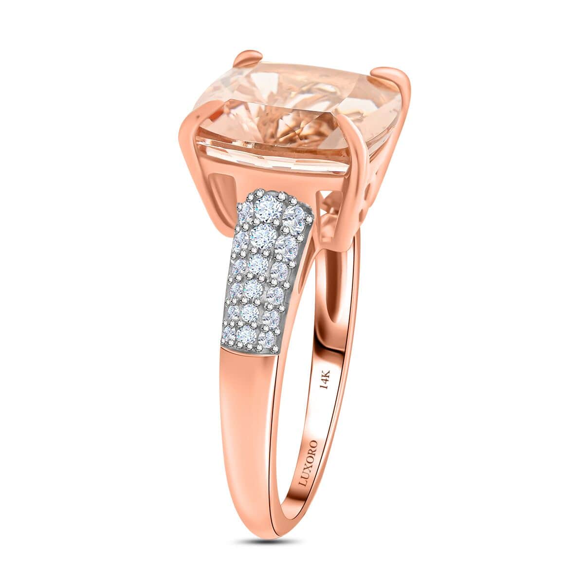 Luxoro 14K Rose Gold AAA Marropino Morganite and G-H I2 Diamond Ring (Size 7.0) 6.80 ctw image number 3