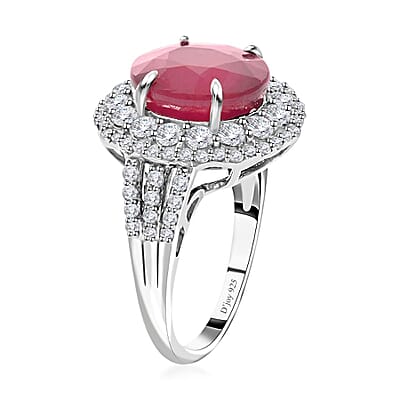 Niassa Ruby (FF) and White Topaz Double Halo Ring in Platinum Over Sterling Silver (Size 10.0) 9.35 ctw